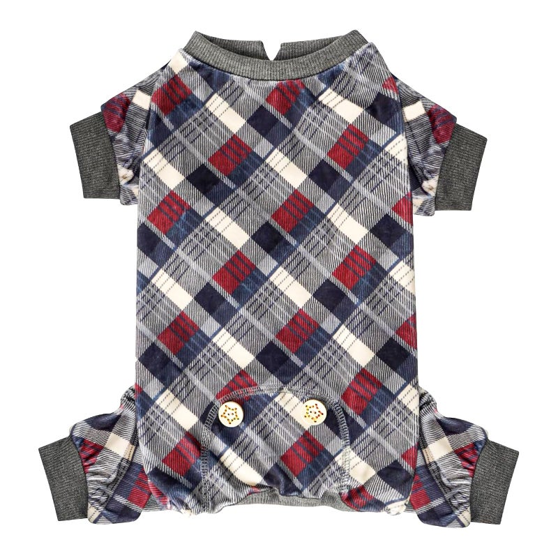 KYEESE Dog Pajamas Soft Plaid Pjs Comfy Doggie Jammies for Small Dogs Boy Girl Velvet Stretchy Dog Clothes Coat Pet Onesie, Grey, Small - Image 1